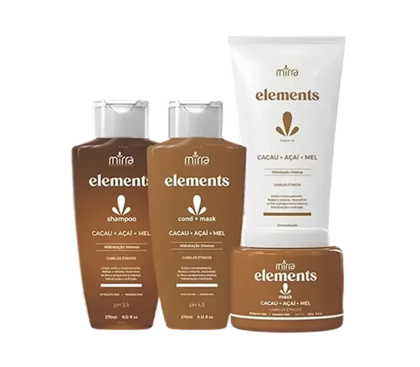Linha Elements Cacau Açaí e Mel Home Care Mirra Cosméticos para nutrição e brilho.