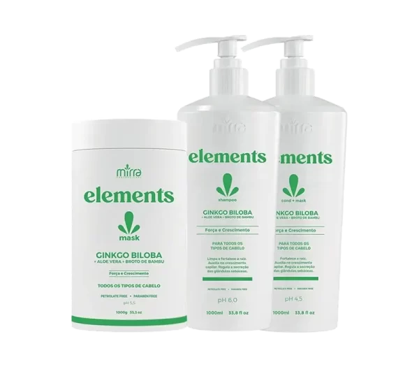 Linha Elements Ginkgo Biloba Aloé Vera Broto de Bambu Profissional Mirra Cosméticos para estímulo de crescimento.