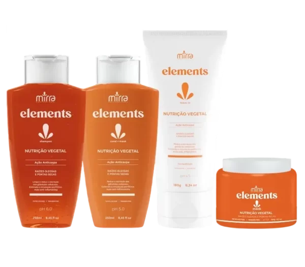 Linha Elements Nutrição Vegetal Home Care Mirra Cosméticos para cabelos saudáveis.