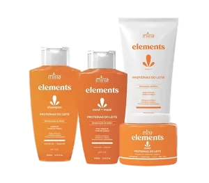 Linha Elements Proteínas do Leite Home Care Mirra Cosméticos para cabelos macios e hidratados.
