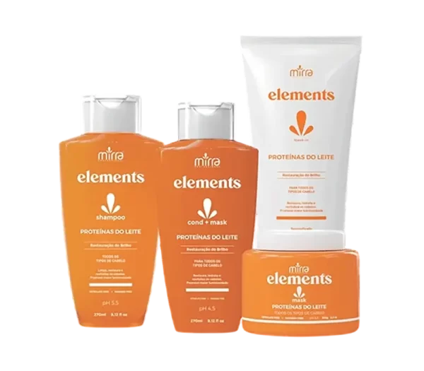 Linha Elements Proteínas do Leite Home Care Mirra Cosméticos para cabelos macios e hidratados.
