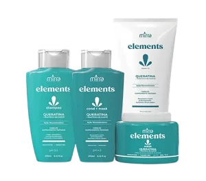 Linha Elements Queratina Manteiga de Karité Home Care Mirra Cosméticos para reparação e nutrição.